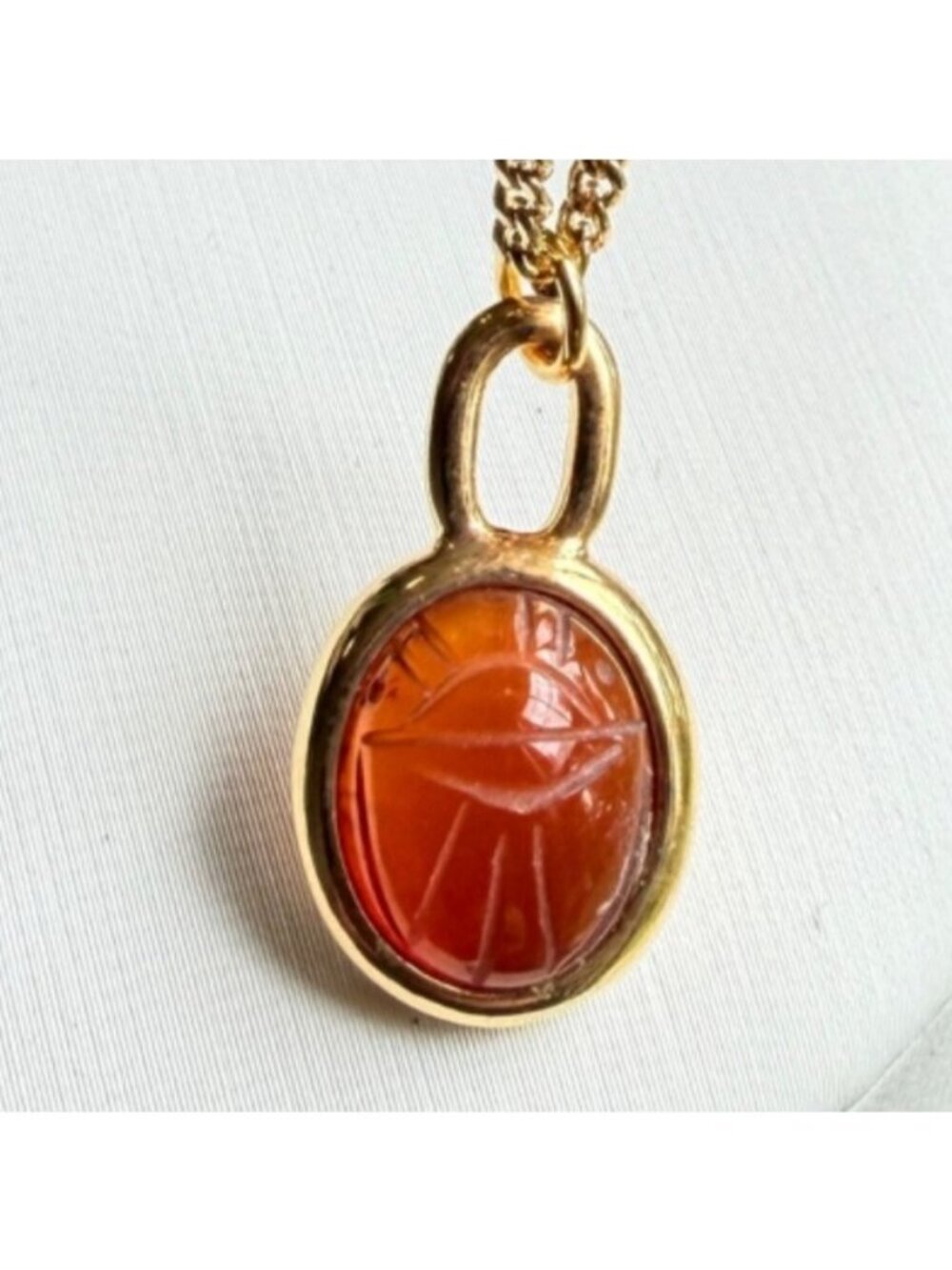 Vintage Amber Gold Scarab Necklace Genuine Stone Pendant 1970s - Picture 6 of 9